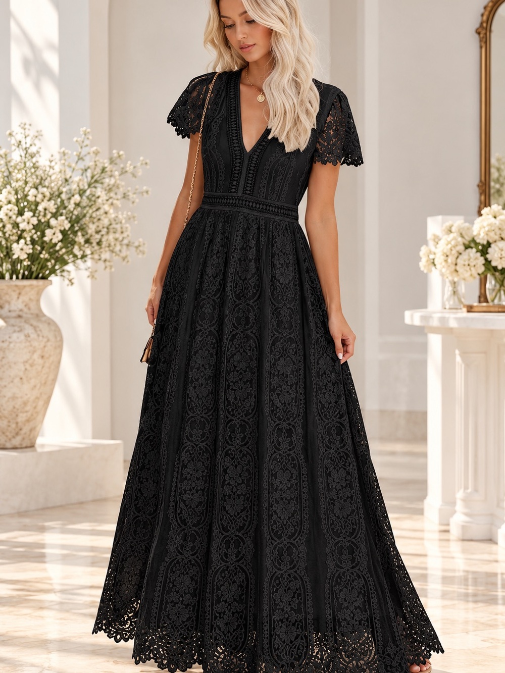 Elegant Black Lace Maxi Dress with V-Neck